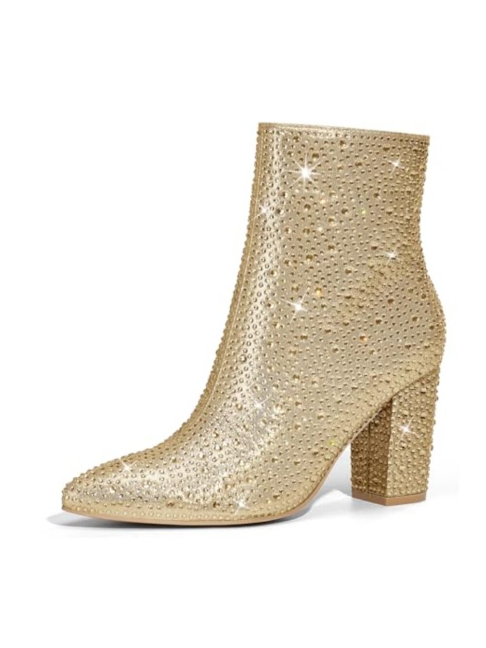 Rhinestone Ankle Boots Pointed Toe Block Heel Side Zip Glitter Booties
